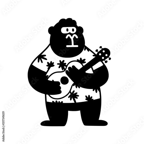 Cheerful gorilla strumming a ukulele in a tropical paradise setting, celebrating joy through music and vibrant culture