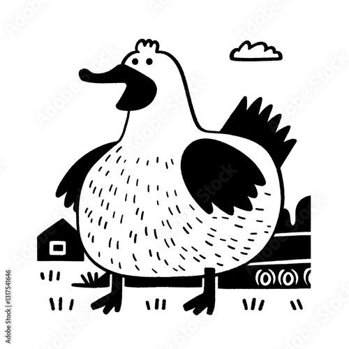 Charming vector illustration of a cheerful duck standing proudly on a farm with simple black and white design elements