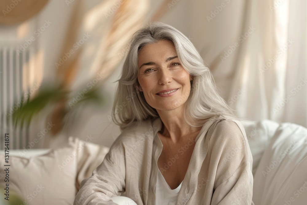 Serene and Elegant Senior Woman in a Cozy Living Room Setting Serene and Elegant Senior Woman in a Cozy Living Room Setting
