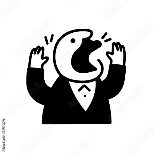 Surreal expression of surprise and emotion featuring a character in a tuxedo with an exaggerated open mouth in vector style