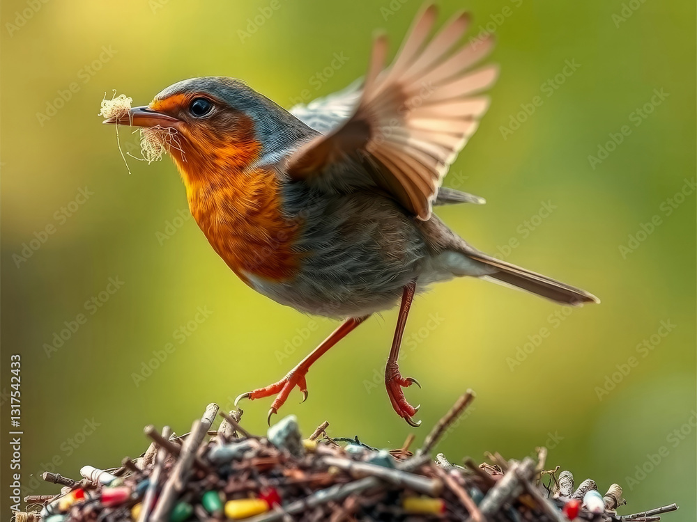 A bird is perched on a pile of twigs and leaves, with its beak open, possibly eating a bug. The scene is peaceful and serene, with the bird being the main focus of the image