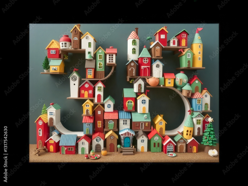 A large number of houses are stacked on top of each other, with the number 35 written in the middle. The houses are of various colors and sizes, and there are several small objects like a clock, a cup