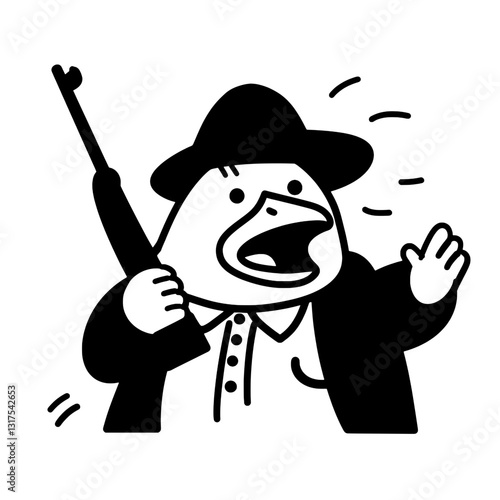 Creative vector illustration of a cartoon duck dressed as a detective holding a weapon and shouting in a whimsical style