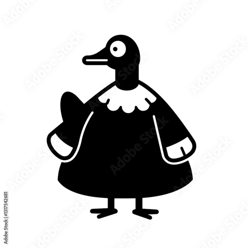 Charming black and white vector illustration of a duck dressed in a whimsical gown and playful accessories
