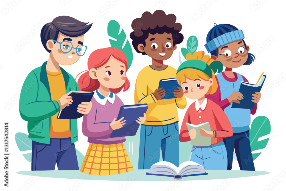 A diverse group of kids enthusiastically takes notes while studying together in a bright setting, Set of characters taking notes, A diverse group of kids enthusiastically takes notes while studying together in a bright setting, Set of characters taking notes,