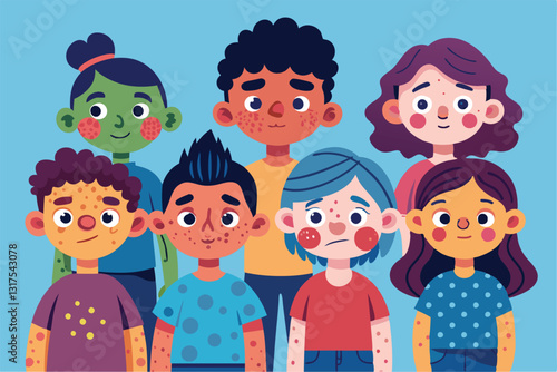A cheerful group of characters showing various skin conditions interacts playfully in a bright environment, Set of characters with acne, dermatitis, eczema or psoriasis on body,