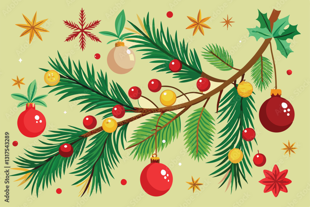 A festive arrangement of Christmas tree branches adorned with colorful ornaments and decorations, Set of Christmas tree branches, A festive arrangement of Christmas tree branches adorned with colorful ornaments and decorations, Set of Christmas tree branches,