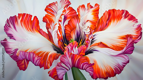 Vibrant red and white parrot tulip close-up; soft background; spring floral art; ideal for greeting cards