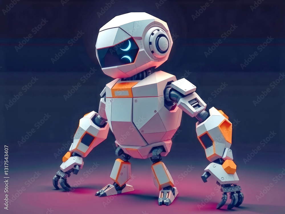A robot with orange and white limbs stands in front of a dark background. The robot's design is futuristic and mechanical, with a metallic appearance. Scene is one of technology and innovation