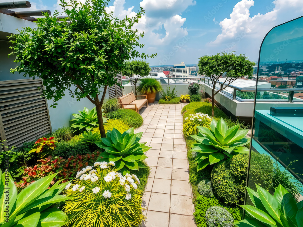 A beautiful garden with a path leading through it. The path is lined with plants and flowers, and there is a bench for people to sit on. The garden is located on a rooftop, providing a unique