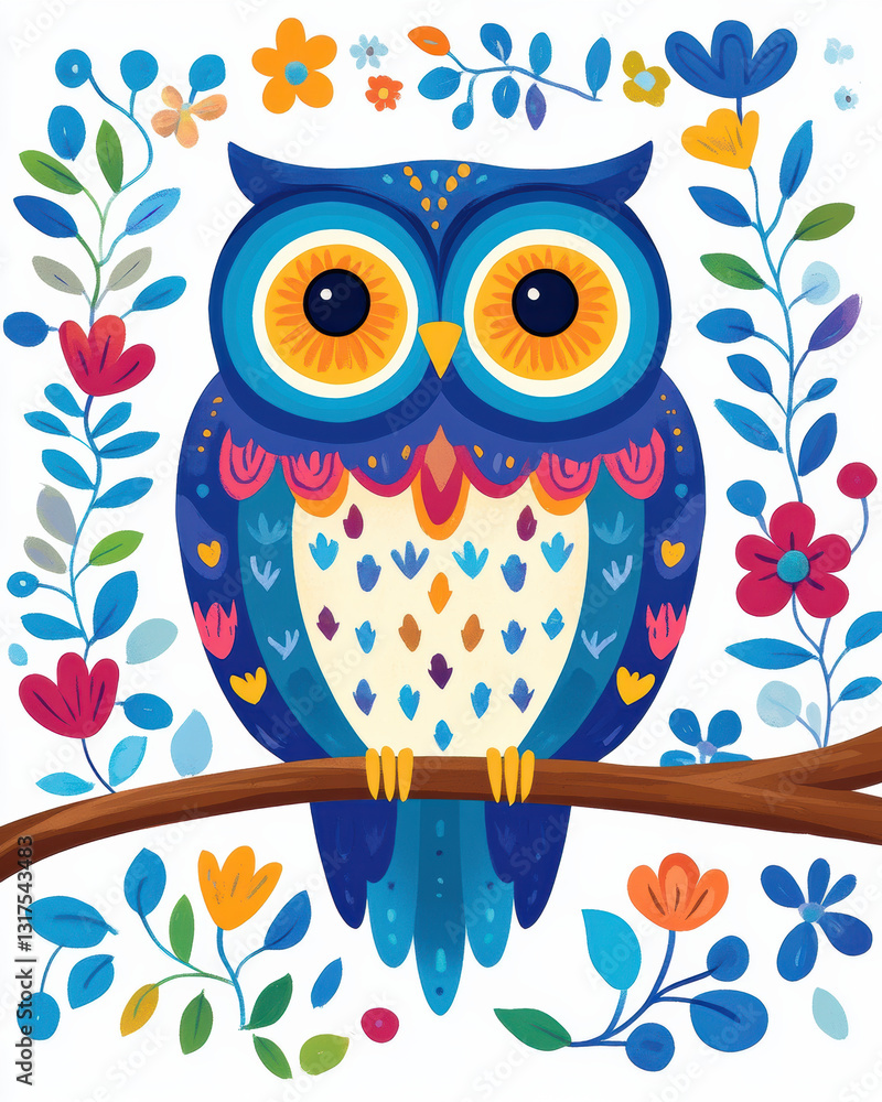 Obraz premium owl whimsical owl perched on branch surrounded by colorful flowers and leaves