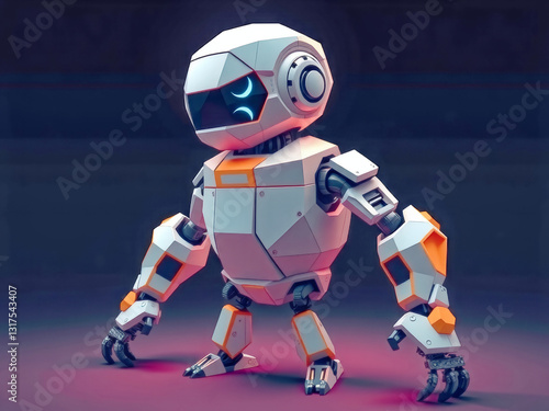 Obraz na płótnie A robot with orange and white limbs stands in front of a dark background. The robot's design is futuristic and mechanical, with a metallic appearance. Scene is one of technology and innovation w salonie