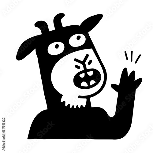 Expressive black goat character waving happily in a whimsical vector style design