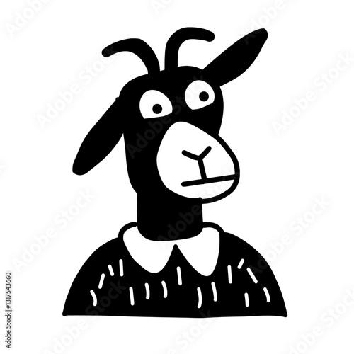 Creative vector illustration of a goat character wearing a sweater and showing an inquisitive expression in a playful style