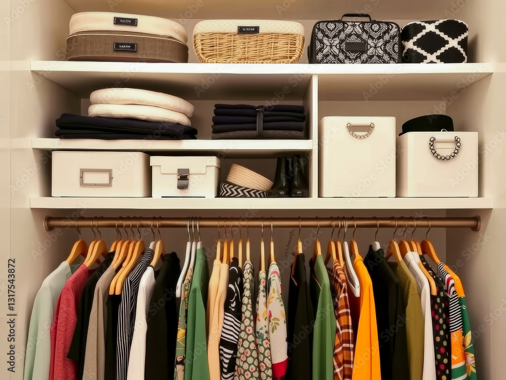 A closet with many clothes and baskets. Scene is organized and tidy. The idea of the image is to show a well-organized closet with many clothes and baskets