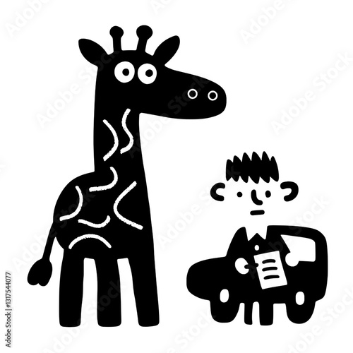 Whimsical black and white vector illustration of a perplexed man beside a giraffe and a car on a sunny day