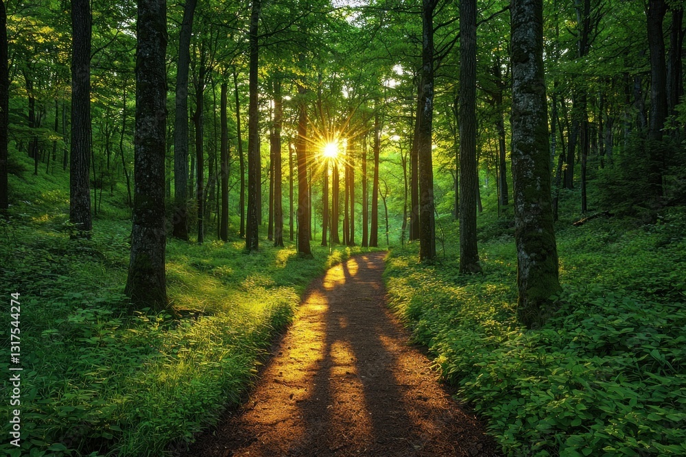 Fototapeta premium Forest path with sunlight filtering through tall trees, creating dappled light and shadows