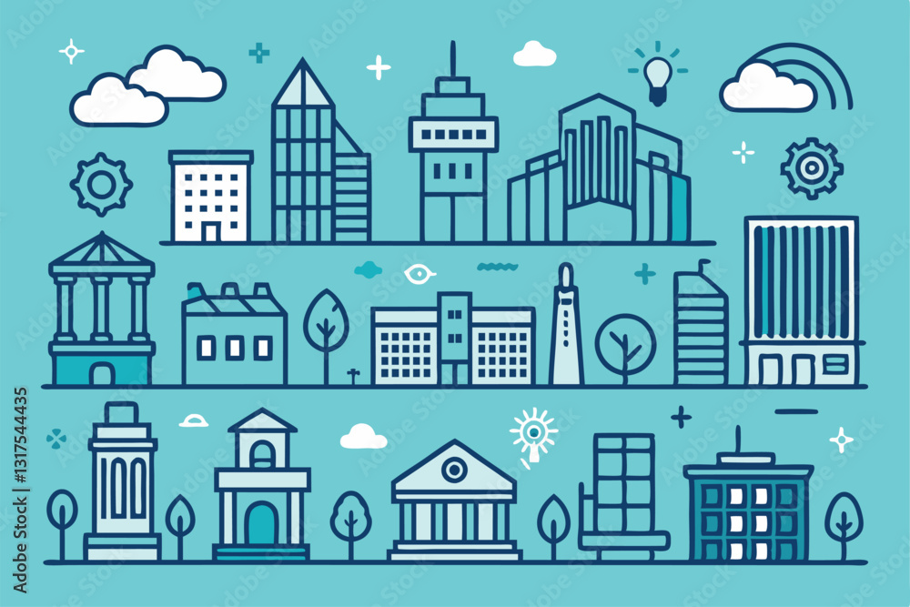 This graphic features a diverse range of line icons representing commercial buildings and architectural forms, Set of Commerical Buildings line icons This graphic features a diverse range of line icons representing commercial buildings and architectural forms, Set of Commerical Buildings line icons
