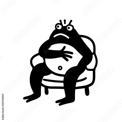 Frog character sitting on a cozy chair with crossed arms and a thoughtful expression, capturing a moment of introspection