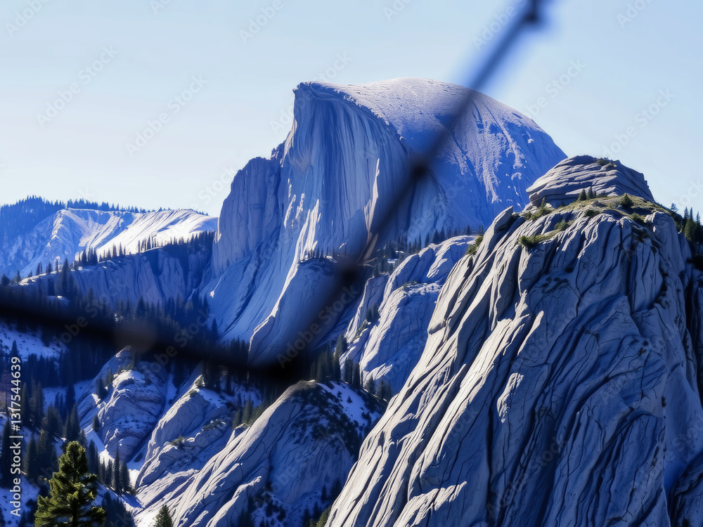 A mountain range with a snow covered peak and a helicopter flying over it. The sky is clear and the mountains are majestic