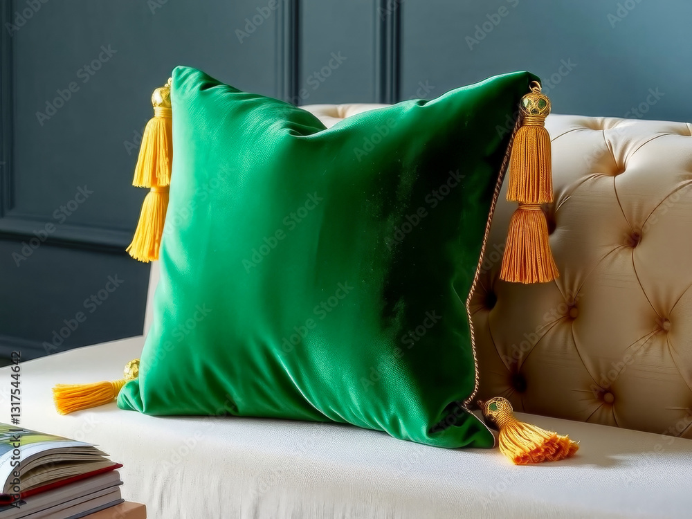 A green pillow with yellow tassels sits on a couch. The pillow is surrounded by books, one of which is titled
