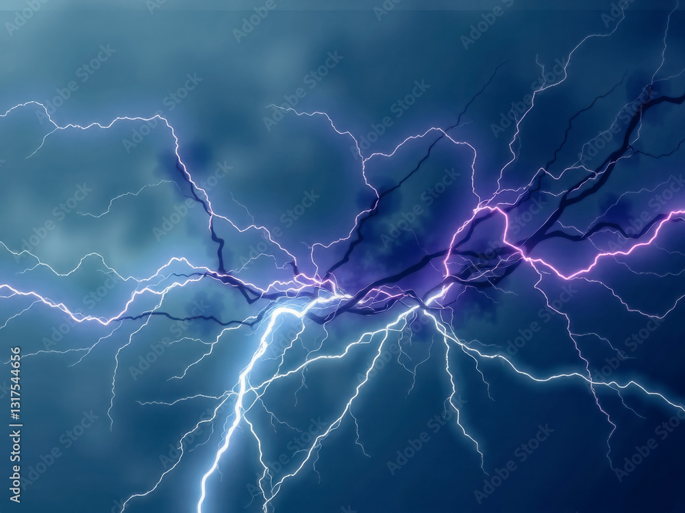 A stormy sky with lightning bolts and a dark blue background. Scene is intense and dramatic