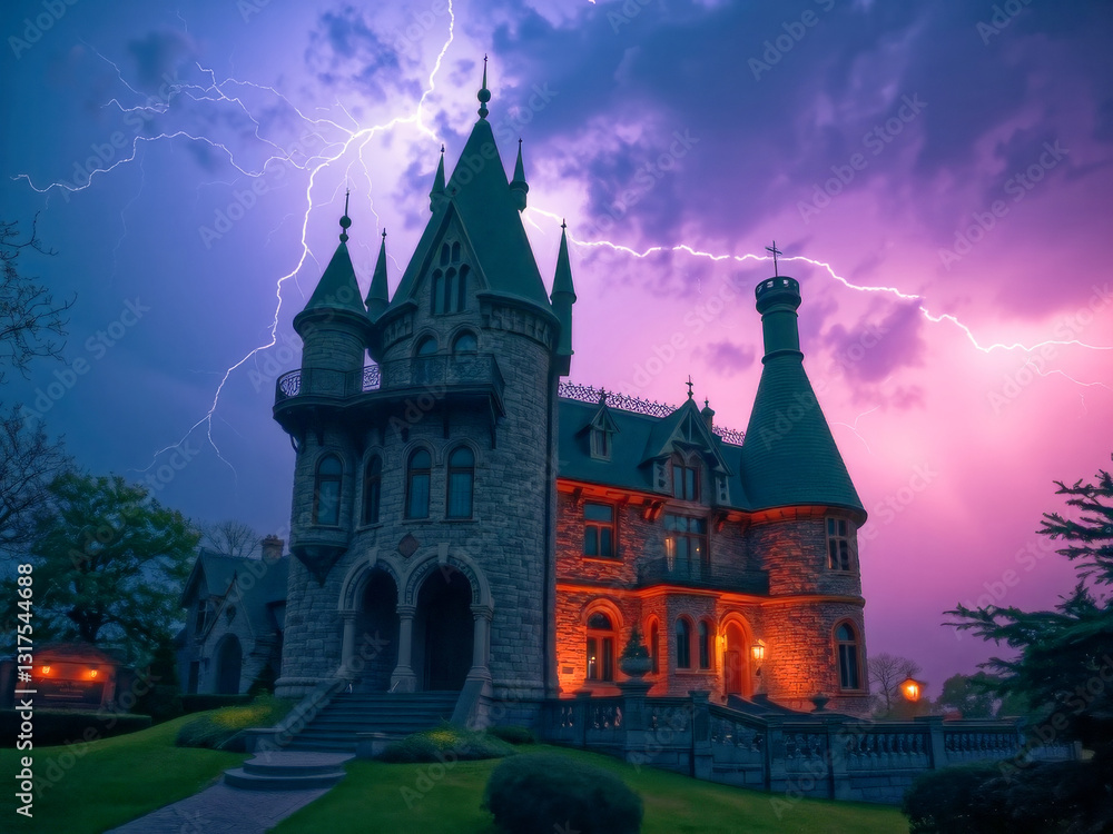 A large, old castle with a lightning bolt in the sky. The castle is surrounded by a lush green lawn and has a spooky atmosphere
