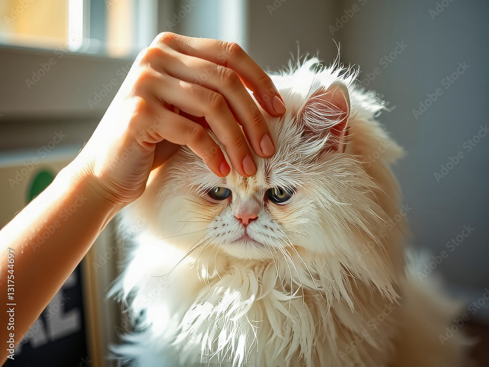 A person is petting a cat with long hair. The cat has a look of annoyance on its face