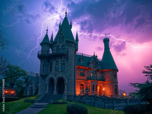 A large, old castle with a lightning bolt in the sky. The castle is surrounded by a lush green lawn and has a spooky atmosphere