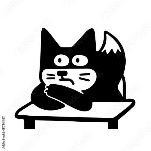 Curious cat character resting at a table with thoughtful expression, enjoying a quiet moment