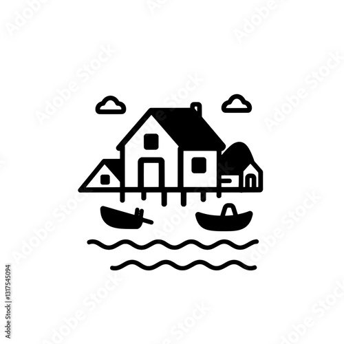 Charming waterfront cottage nestled among boats and waves on a tranquil day under a cloudy sky