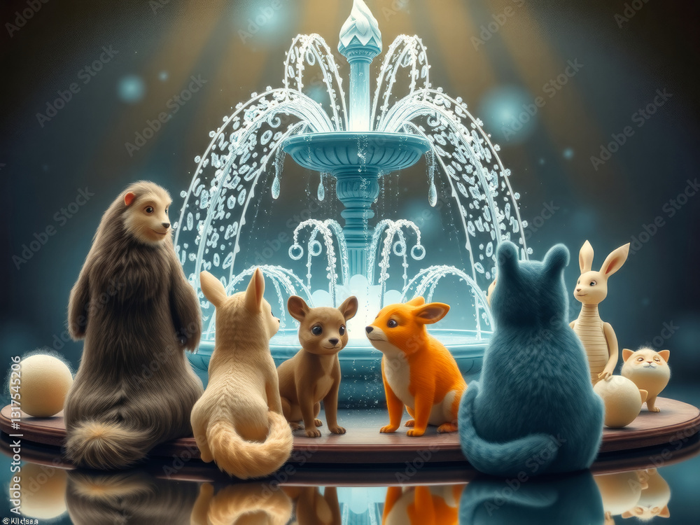 A group of stuffed animals are sitting around a fountain. The animals include a rabbit, a cat, a dog, a turtle, and a bear. The scene is playful and whimsical