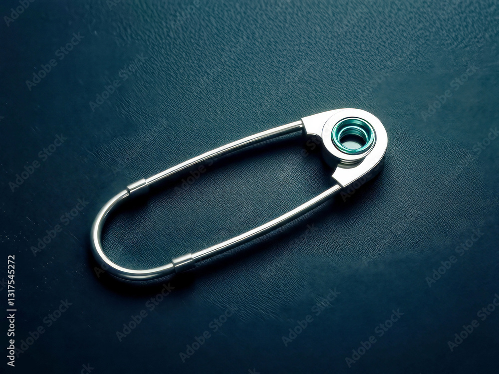 A silver pin is sitting on a dark surface. The pin is bent and has a hole in the middle