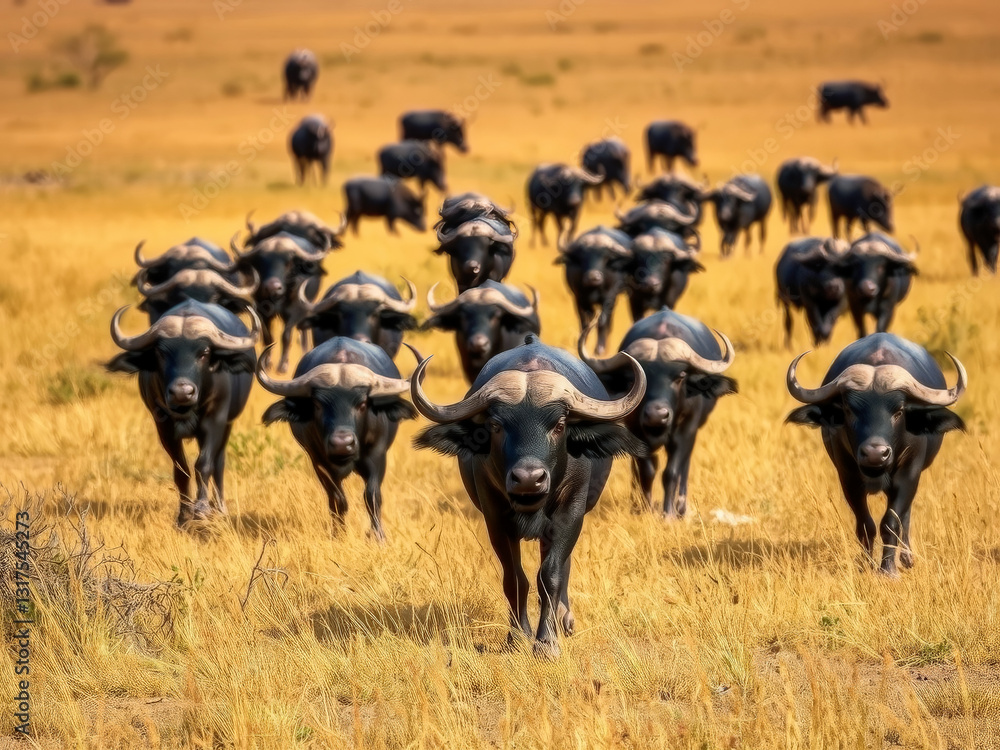 A herd of black and white buffalo are walking across a field. The buffalo are all facing the same direction, and the field is filled with tall grass. The scene is peaceful and serene