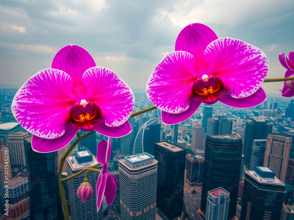 Two pink orchids are growing on a city street. The city is bustling with activity, and the flowers add a touch of beauty to the urban landscape