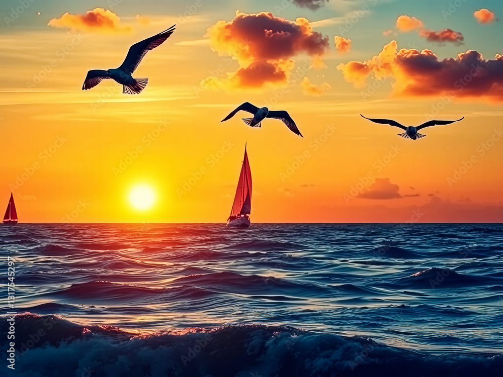 Three seagulls flying over the ocean at sunset. The sky is orange and the water is calm