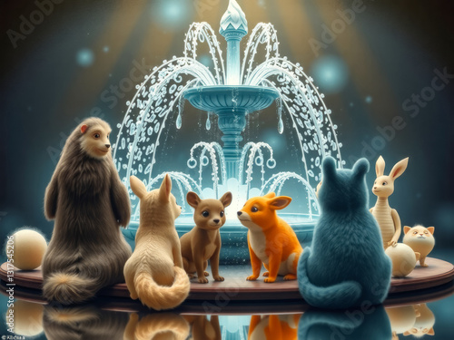 A group of stuffed animals are sitting around a fountain. The animals include a rabbit, a cat, a dog, a turtle, and a bear. The scene is playful and whimsical