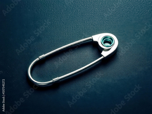 Obraz na płótnie A silver pin is sitting on a dark surface. The pin is bent and has a hole in the middle w salonie