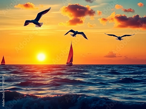 Obraz na płótnie Three seagulls flying over the ocean at sunset. The sky is orange and the water is calm w salonie