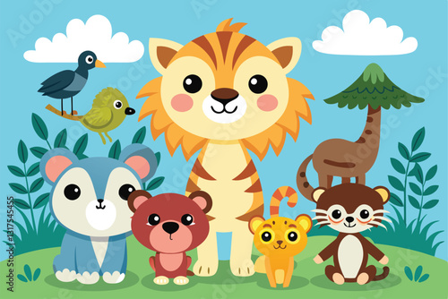 A playful group of cartoon animals stands together in a lively forest, showcasing their joyful personalities, Set Of Cute Cartoon Animals