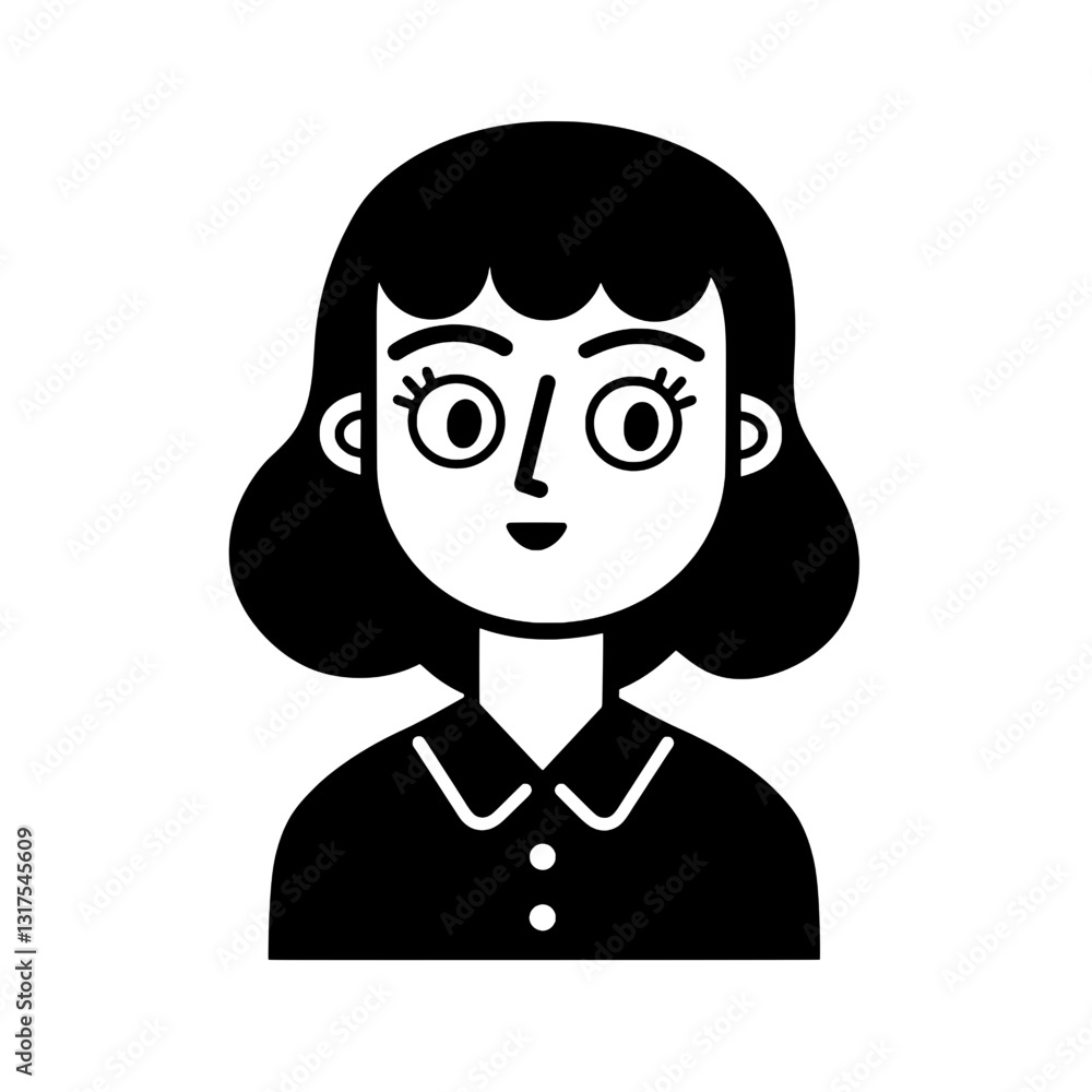 Stylized vector illustration of a young woman with short black hair and expressive eyes, exuding friendly charm Stylized vector illustration of a young woman with short black hair and expressive eyes, exuding friendly charm