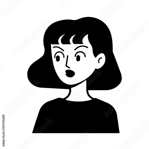 Vector illustration depicting a thoughtful woman with short black hair expressing curiosity and engagement in a creative environment