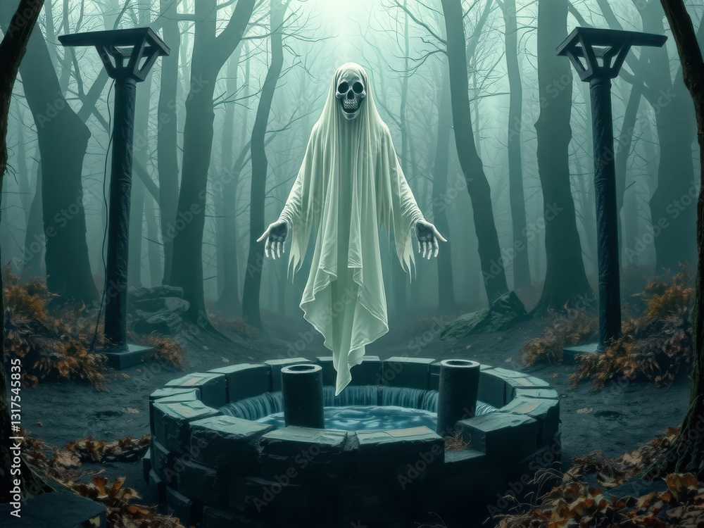 A ghostly figure is hovering over a water fountain in a dark forest. Scene is eerie and mysterious