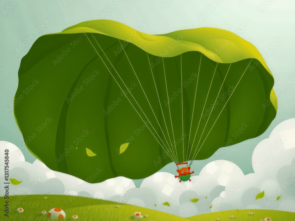 A cartoonish drawing of a man flying a kite in a field. The kite is large and green, and the man is wearing a red shirt. The sky is cloudy, and there are some flowers in the grass