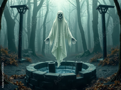 Obraz na płótnie A ghostly figure is hovering over a water fountain in a dark forest. Scene is eerie and mysterious w salonie