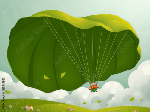 Obraz na płótnie A cartoonish drawing of a man flying a kite in a field. The kite is large and green, and the man is wearing a red shirt. The sky is cloudy, and there are some flowers in the grass w salonie