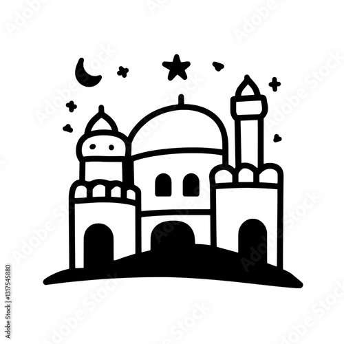 Design of a mystical castle under a starry night sky with whimsical architecture and enchanting elements