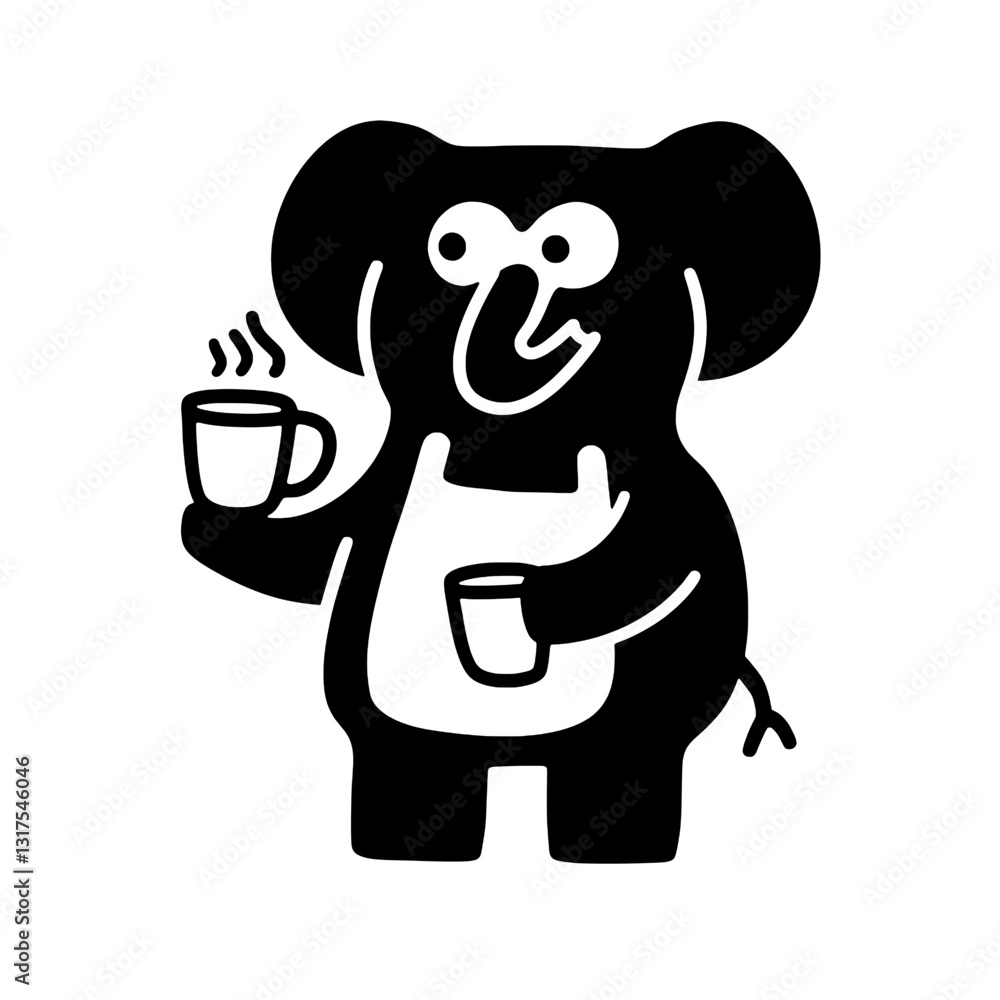 Fototapeta premium Charming elephant barista serving steaming coffee in a whimsical cartoon design for a fun cafe atmosphere