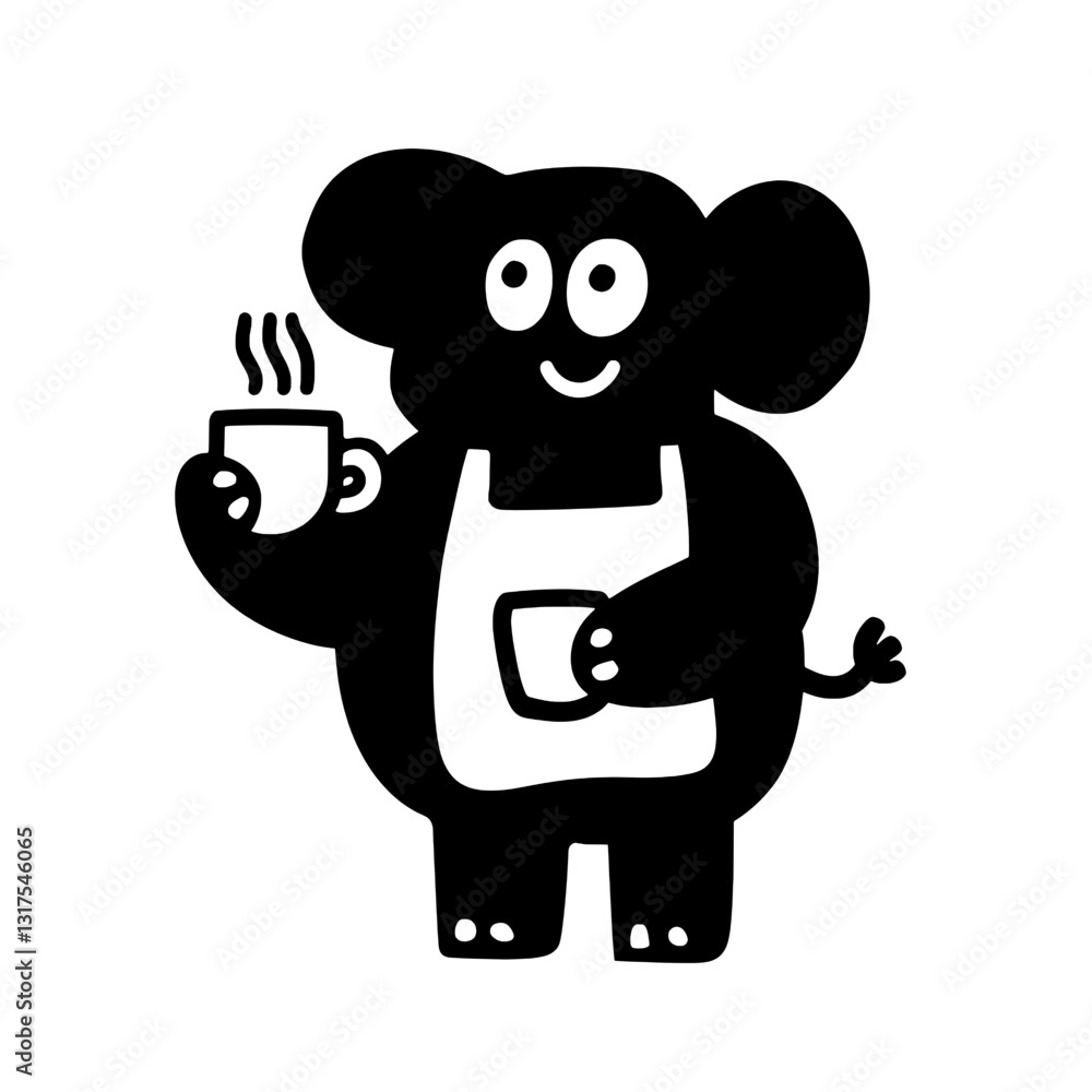 Creative black and white vector illustration of a cheerful elephant serving coffee in a playful kitchen setting Creative black and white vector illustration of a cheerful elephant serving coffee in a playful kitchen setting