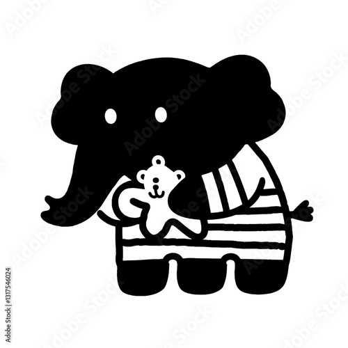 Cute elephant character in striped outfit hugs a tiny teddy bear showcasing friendship and warmth